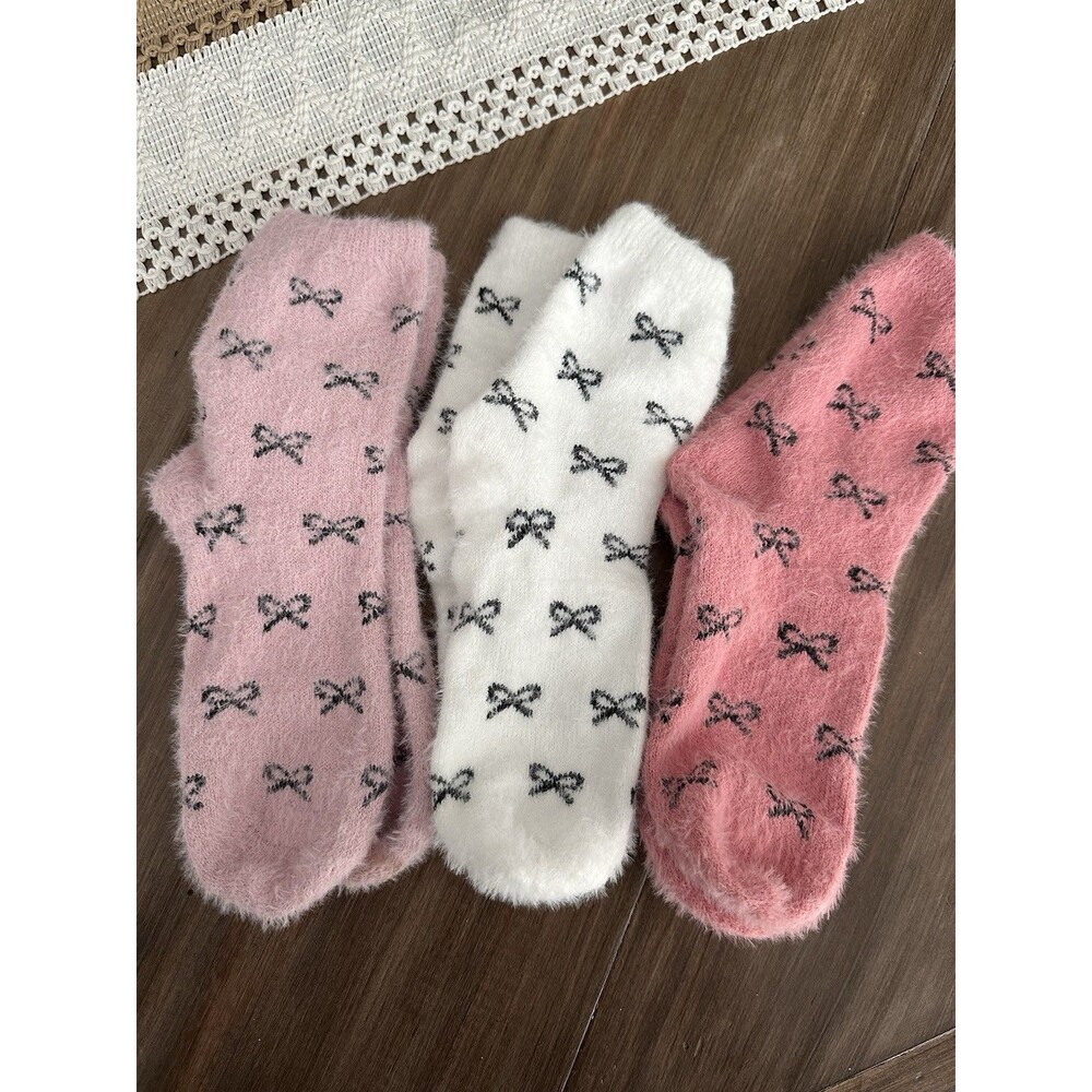3 Pair Women’s Fluffy Warm Mid Calf Socks Winter Soft Plush One Size Pink/White
